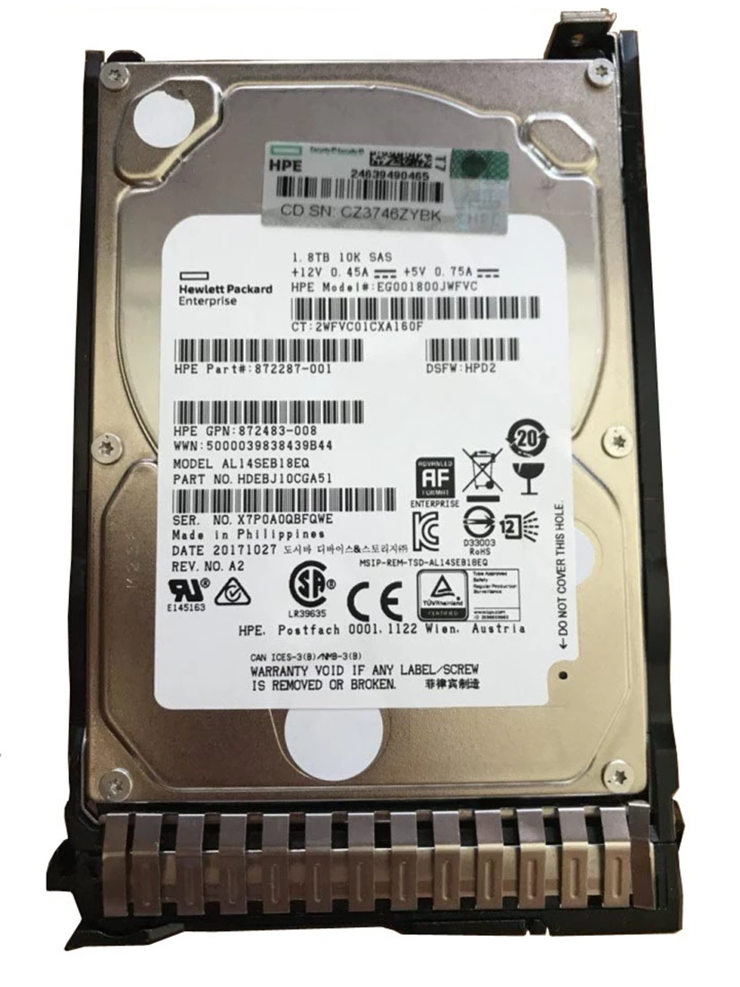 １GB HPE 872287-001 Hard Drive 1.8 TB SAS 12Gb/s New F/s