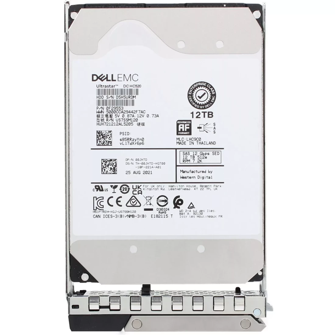 Dell 00JHTD 12TB SED 7.2K SAS 12Gbps 512e 256MB 3.5inch Hot-Plug HDD with Tray