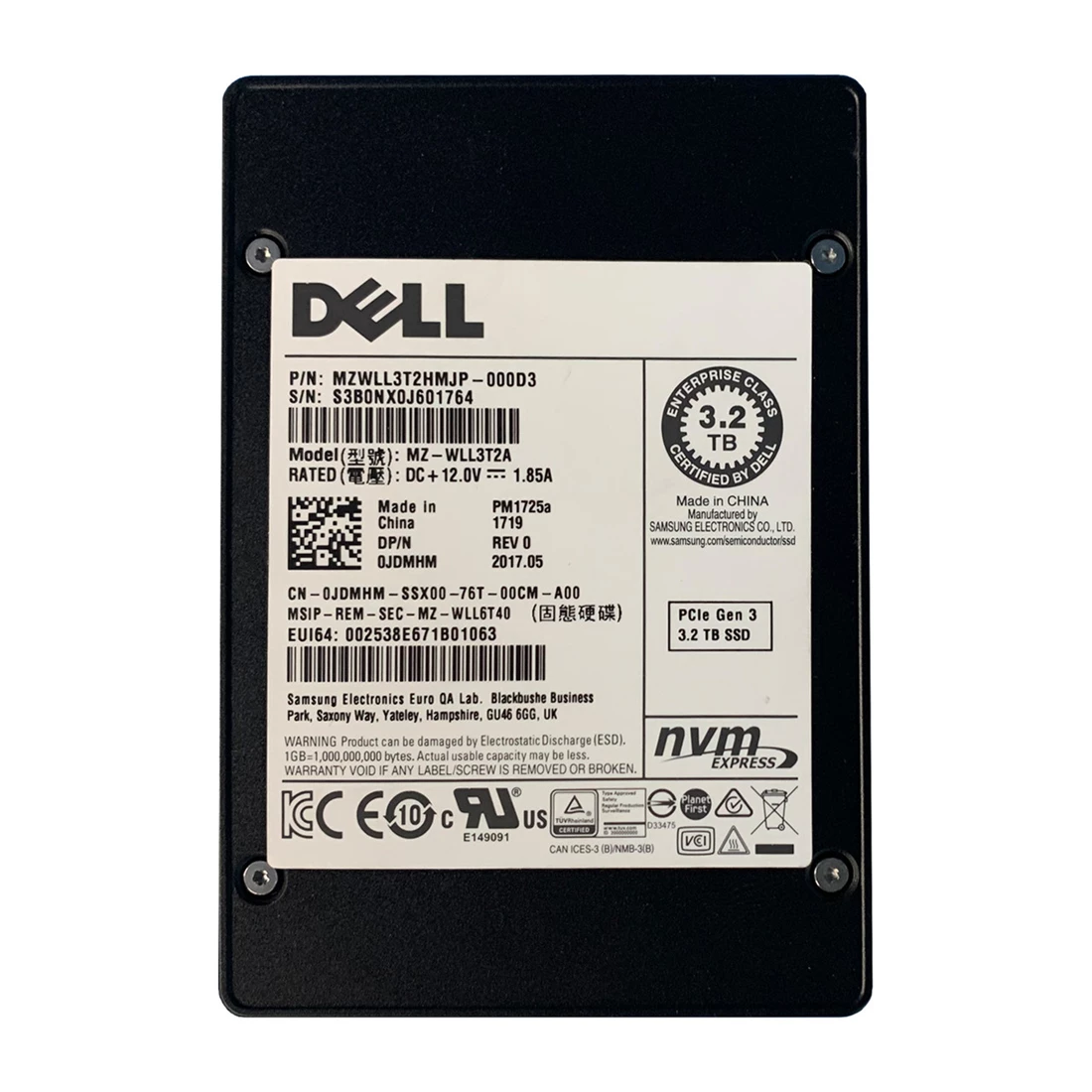 Samsung PM1725a MZWLL3T2HMJP-000D3 Mixed Use SSD 3.2 TB PCIe 3.0 x4 (NVMe) DELL OEM Refurbished