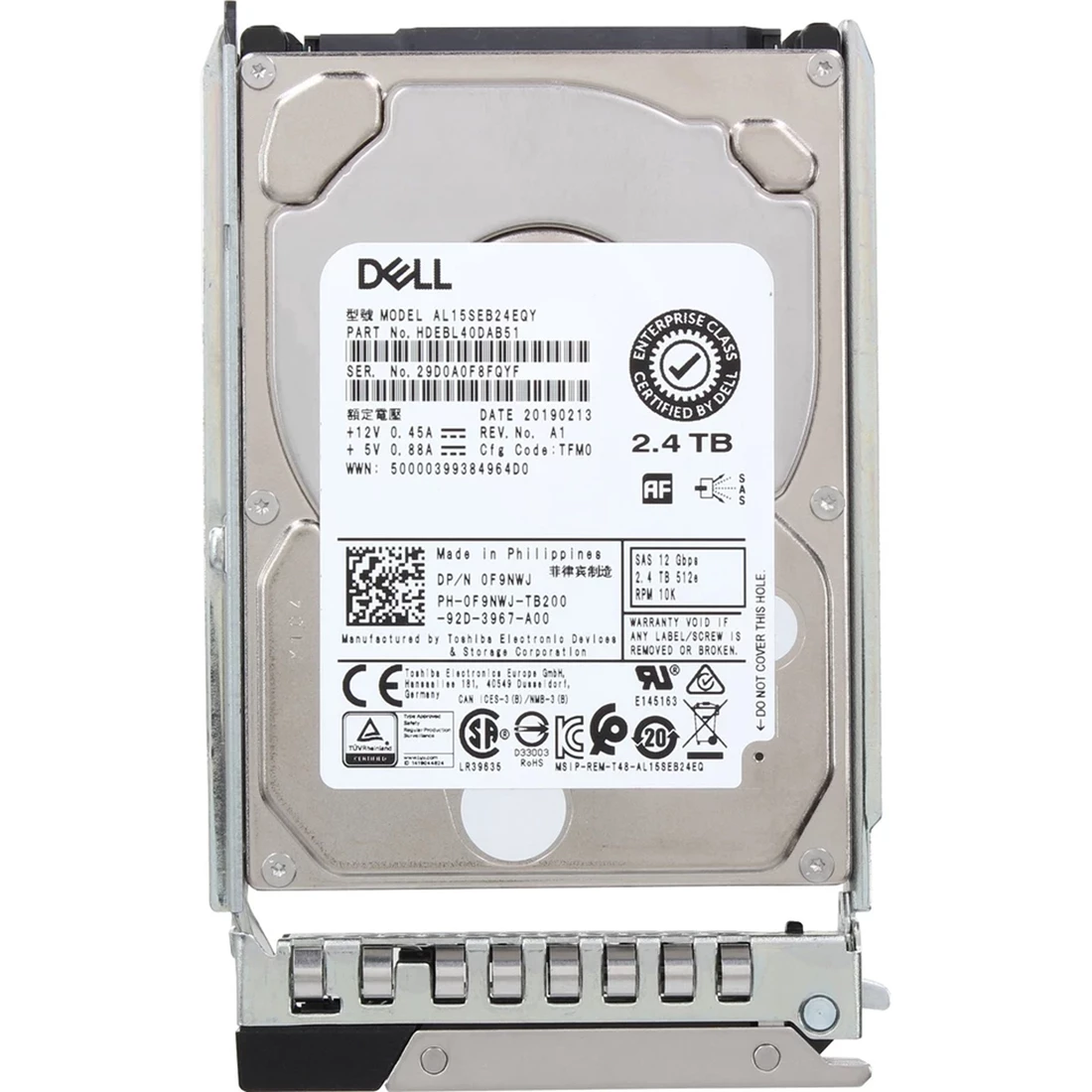 Dell 0F9NWJ 2.4TB 10K RPM SAS 12Gbps 512e 2.5inch Hot-Plug Drive with Tray