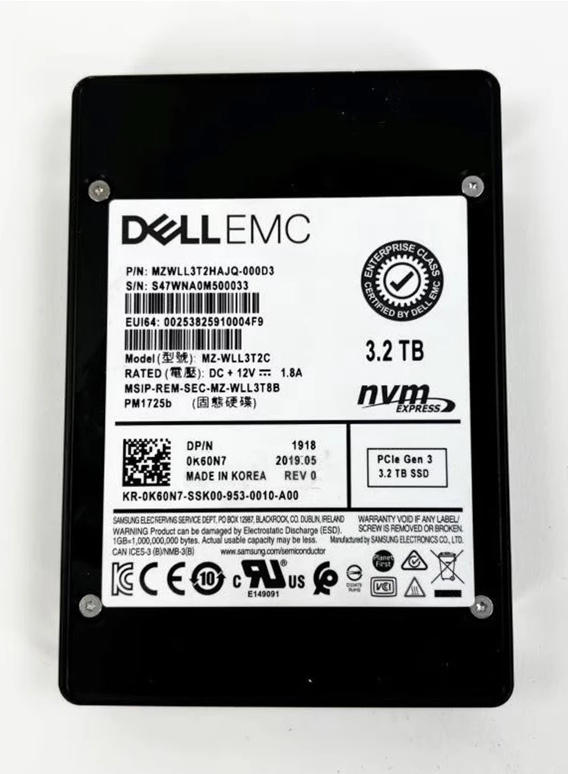 Samsung PM1725b MZWLL3T2HAJQ-000D3 SSD 3.2 TB Pci Express 3.0 X4 (NVMe) DELL OEM Refurbished