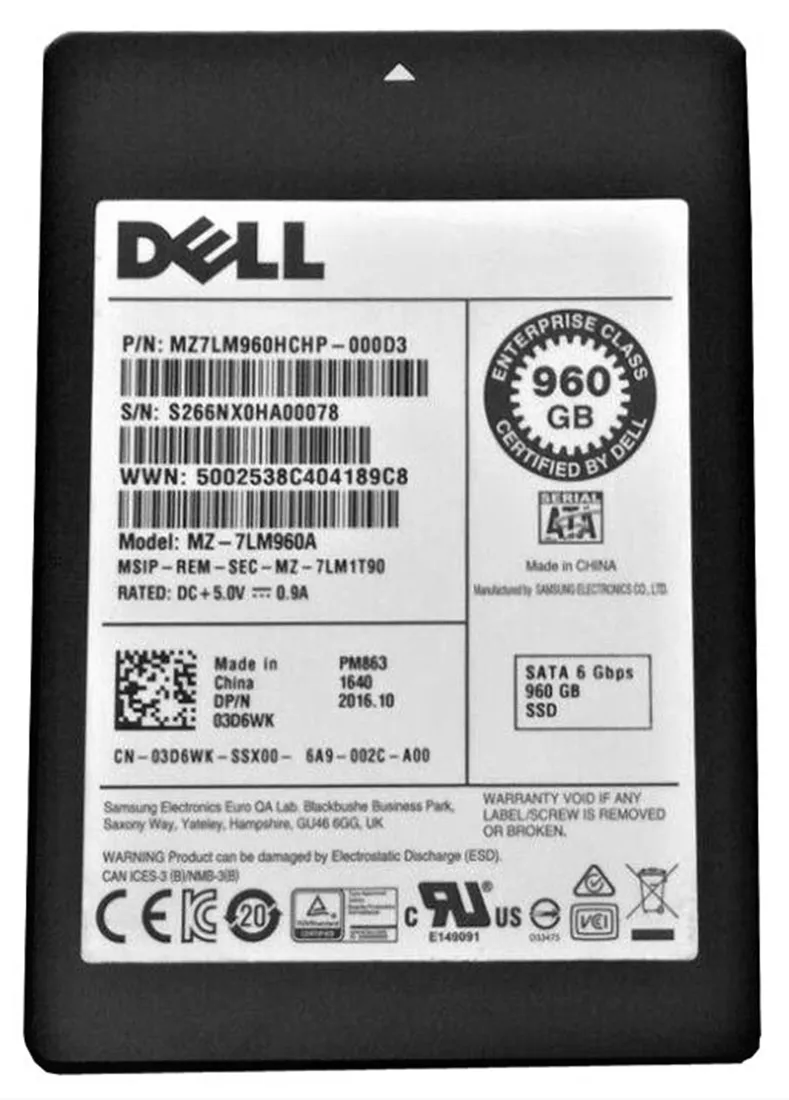 Samsung PM863 MZ-7LM960A Read Intensive SSD 960 GB SATA 6Gb/s DELL OEM Refurbished