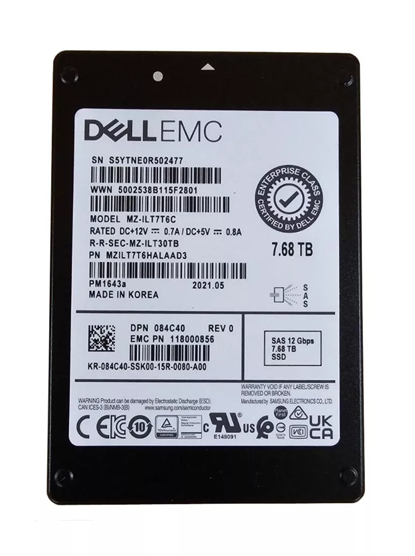 Samsung PM1643a MZILT7T6HALAAD3 Read Intensive SSD 7.68 TB SAS 12Gb/s DELL OEM Refurbished