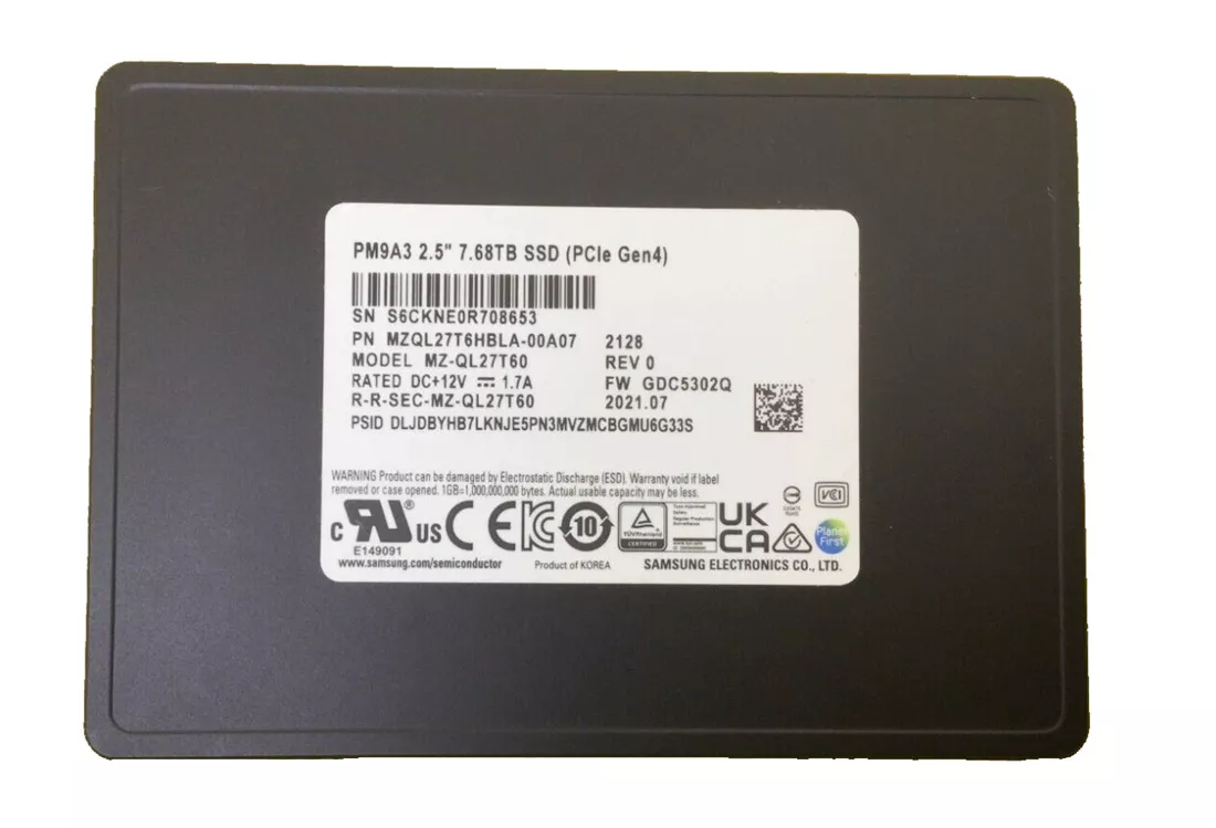 Samsung MZ-QL27T600 PM9A3 7.68Tb PCIe 4 x4 U.2 7mm Ssd Samsung MZ-QL27T600 PM9A3 7.68Tb PCIe 4 x4 U.2 7mm Ssd
