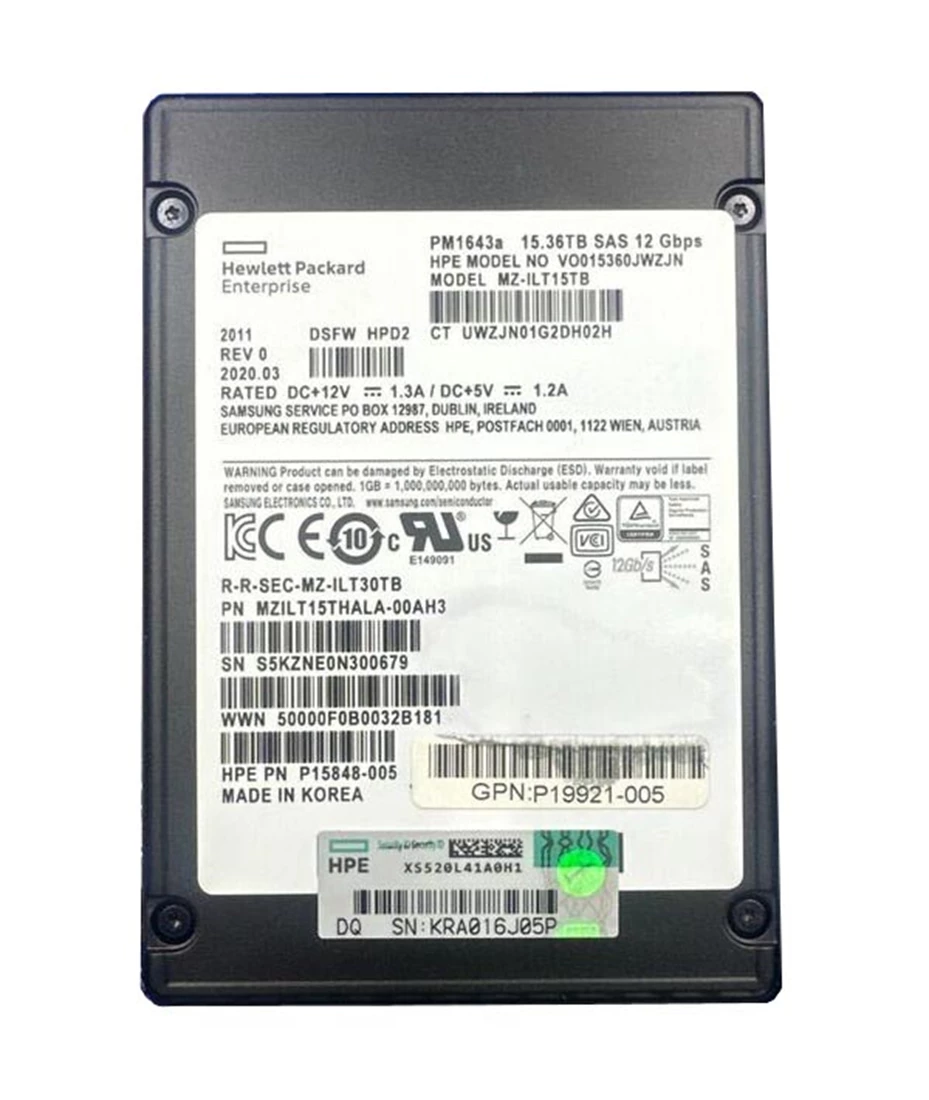 Samsung PM1643a MZILT15THALA-00AH3 Read Intensive SSD 15.36 TB SAS 12Gb/s HPE OEM Brand New