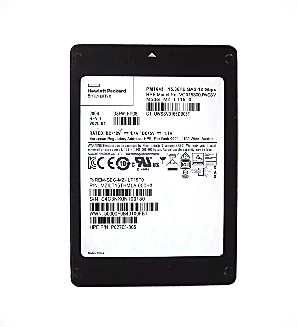 Samsung PM1643 MZILT15THMLA-00AH3 SSD 15.36 TB SAS 12Gb/s HPE OEM Refurbished