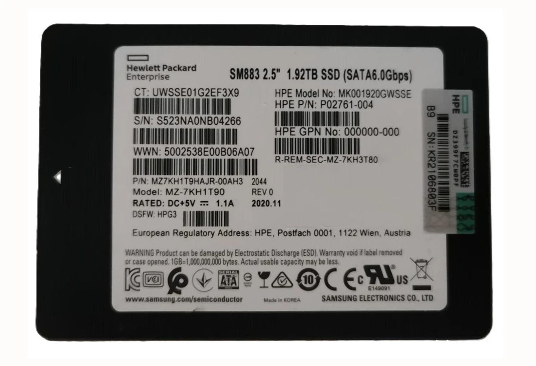 Samsung SM883 MZ7KH1T9HAJR-00AH3 Mixed Use SSD 1.92 TB SATA 6Gb/s HPE OEM Refurbished