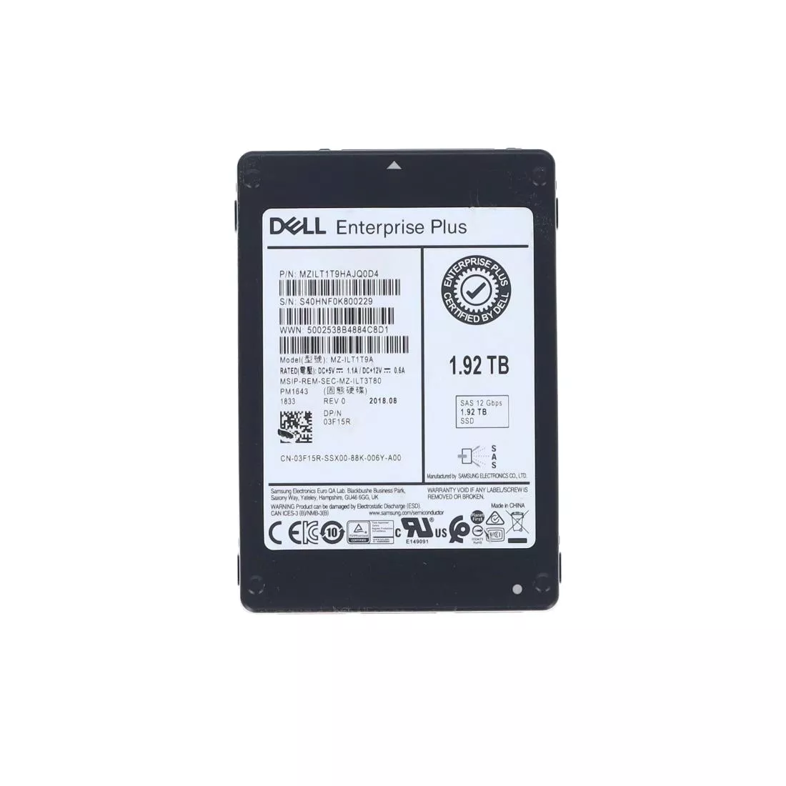 Samsung PM1633 MZILT1T9HAJQAD4 Read Intensive SSD 1.92 TB SAS 12Gb s DELL OEM Refurbished
