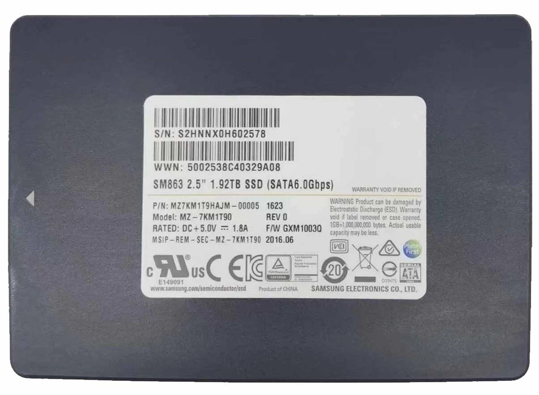 Samsung SM863 MZ7KM1T9HAJM-00005 1.92TB SATA 6Gbps 2.5in SSD.