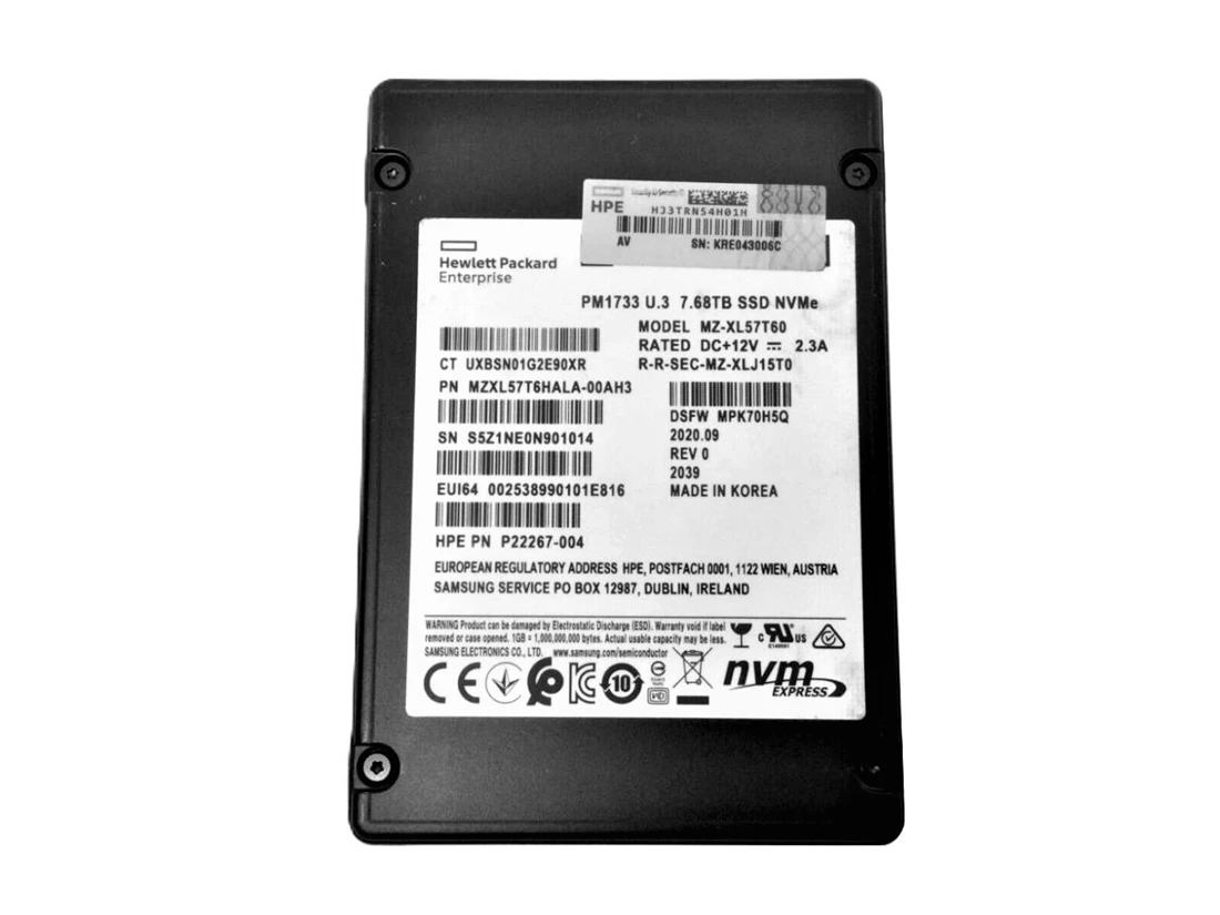 Samsung PM1733 MZXL57T6HALA-00AH3 SSD 7.68 TB PCIe 4.0 x4 (NVMe) HPE OEM Refurbished