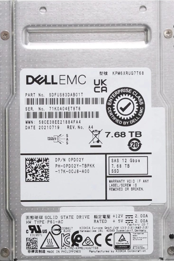 Kioxia SDFUS83DAB01T 7.68TB SAS 12Gbps 512e 2.5Inch PM6-R Series SSD Dell OEM Refurbished