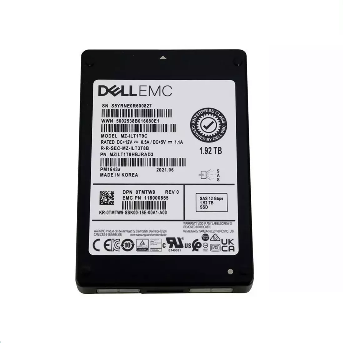 Samsung PM1643a MZILT1T9HBJRAD3 Read Intensive SSD 1.92 TB SAS 12Gb/s DELL OEM Refurbished