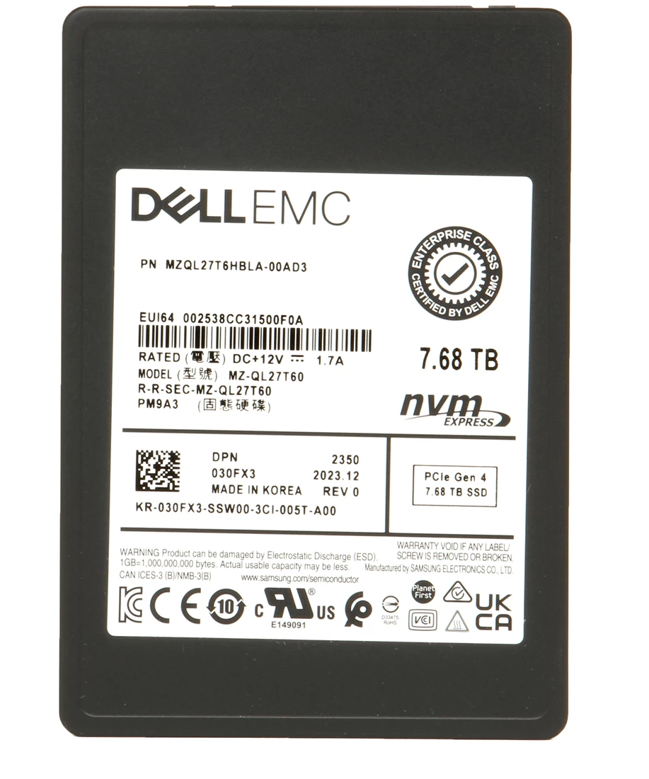 Samsung MZQL27T6HBLA-00AD3 7.68TB U.2 PCIe Gen4 x4 NVMe 2.5inch V-NAND TLC Ssd.