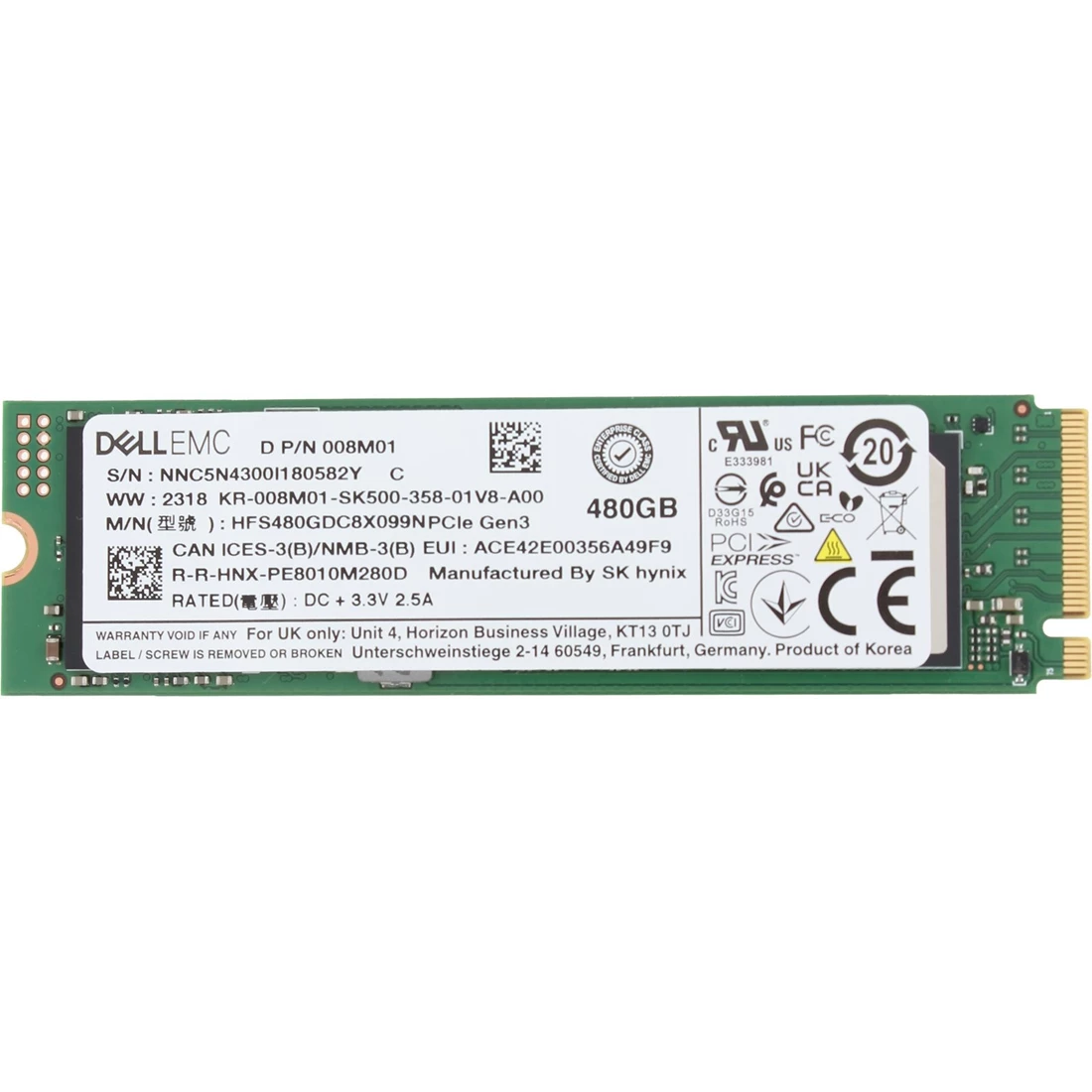 Dell 08M01 480GB PCIe NVMe Read Intensive M.2 Solid State Drive