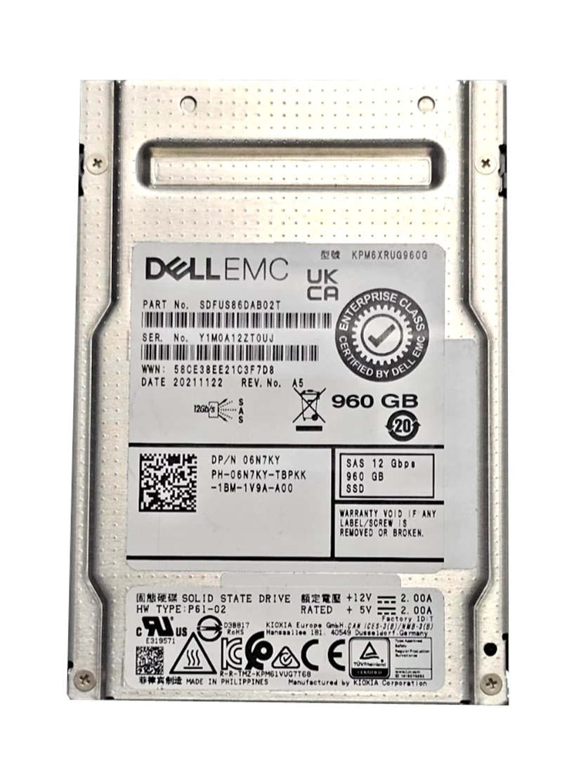 Kioxia SDFUS86DAB02T 960Gb Read Intensive SAS 12Gbps 512e 2.5in PM6-R Series SSD Refurbished