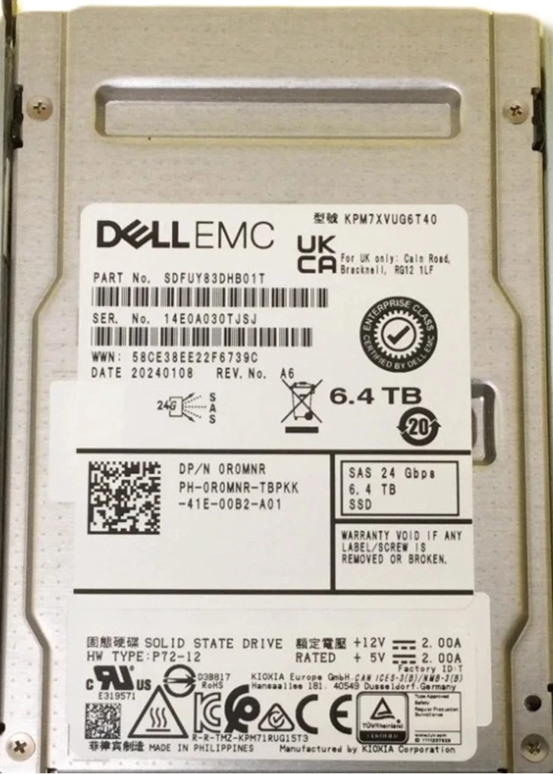 Kioxia SDFUY83DHB01T PM7-V Series 6.4TB SAS 24Gb/s SIE 2.5inch Internal SSD Refurbished Dell OEM