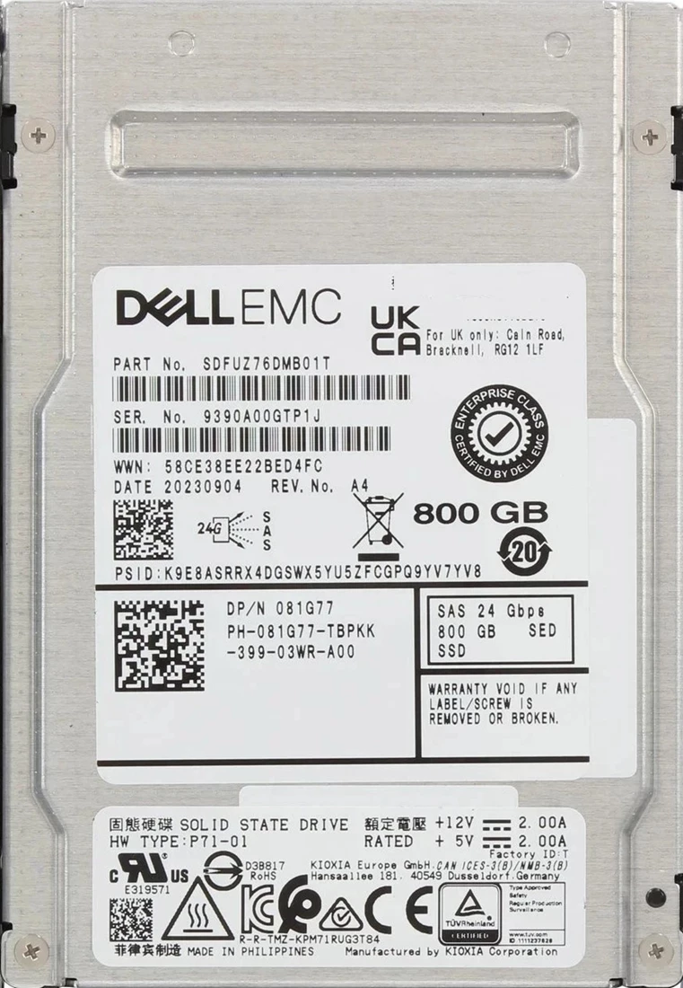 Kioxia SDFUZ76DMB01T 800GB SED SAS-24Gbps Mixed Use 3DWPD 2.5-Inch SSD Refurbished Dell OEM