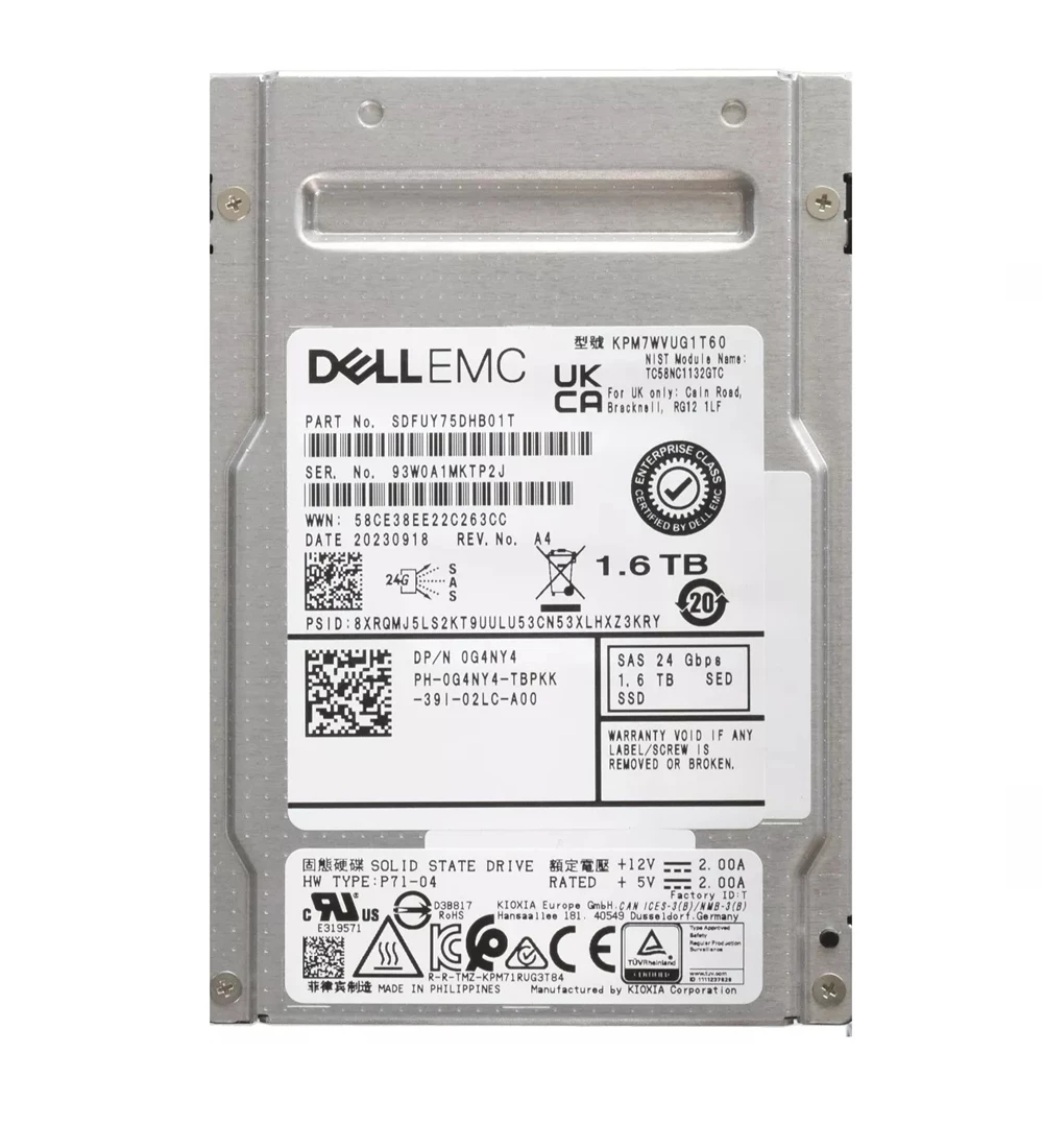 Kioxia SDFUY75DHB01T PM7-V Series 1.6TB SAS 24Gb/s FIPS SED 2.5inch Internal SSD Refurbished Dell OEM