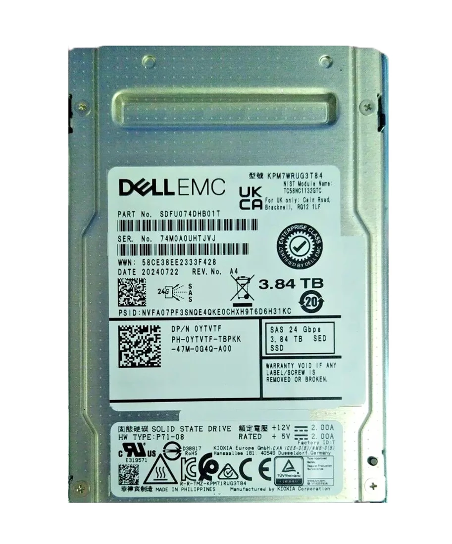 Kioxia SDFU074DHB01T PM7-R Series 3.84TB SAS 24Gb/s FIPS SED 2.5inch Internal SSD Refurbished Dell OEM