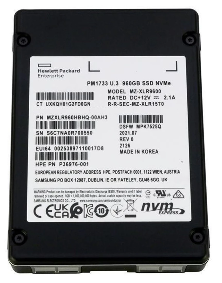 HPE PM1733 P36976-001 Read Intensive SSD 960 GB PCIe 4.0x4 (NVMe) Refurbished