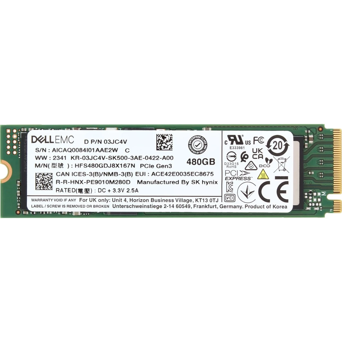 Dell 3JC4V 480GB PCIe Gen3 M.2 NVMe SSD 