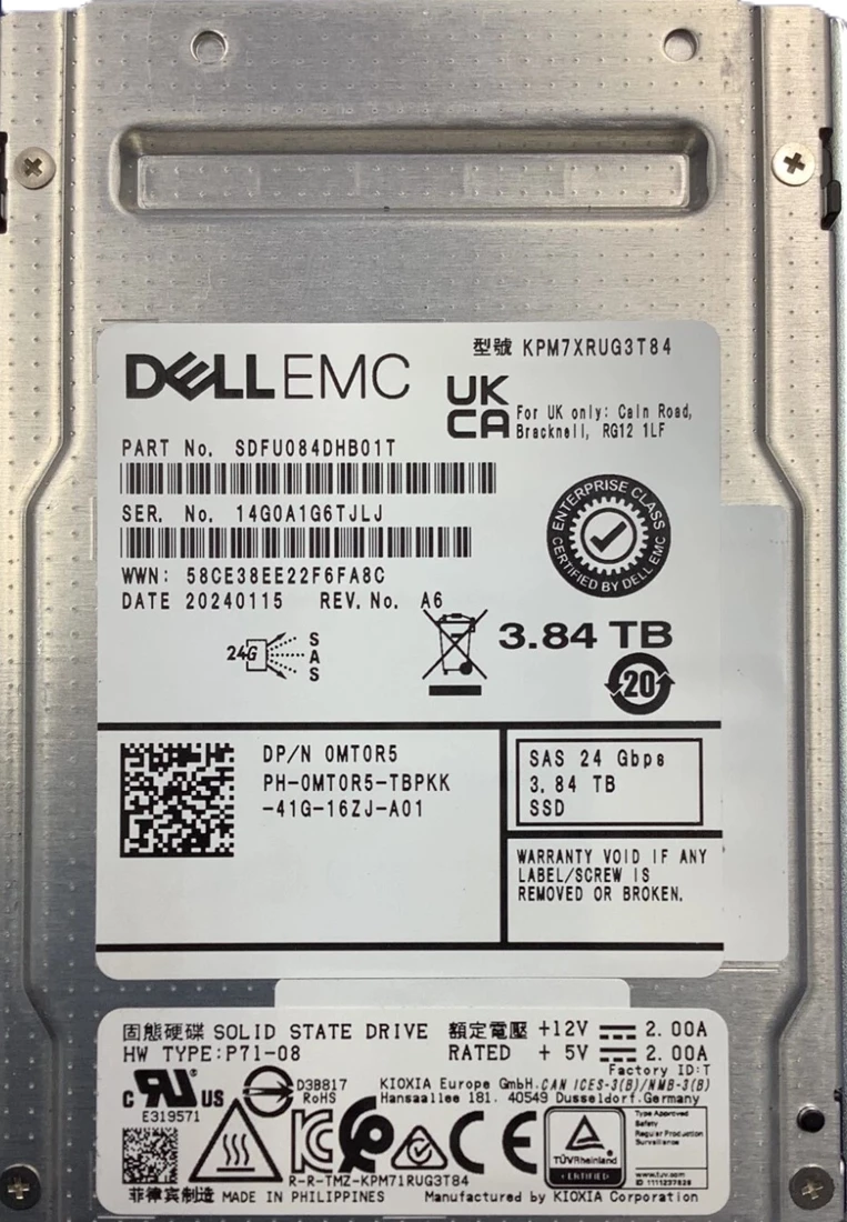 Kioxia KPM7XRUG3T84 PM7-R Series 3.84TB SAS 24Gb/s SIE 2.5inch Internal SSD Brand New Dell OEM