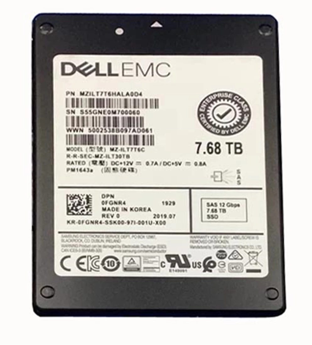 Samsung PM1643a MZILT7T6HALA0D4 Read Intensive SSD 7.68 TB SAS 12Gb/s DELL OEM Refurbished