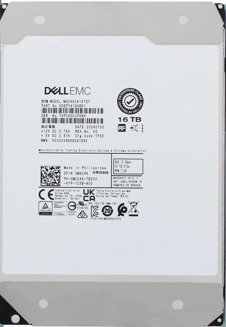 Toshiba HDEPY41DAB51 Enterprise Capacity 16TB 7.2K SAS-12Gbps 512e SIE 3.5inch HDD Brand New Dell OEM