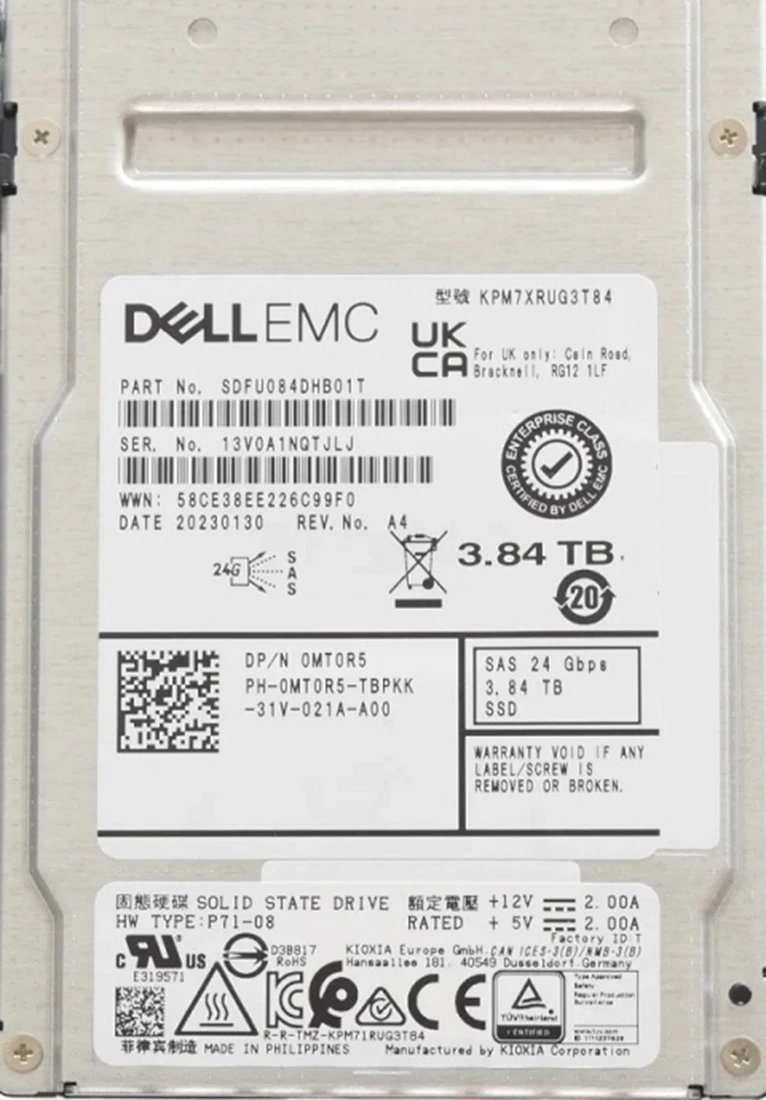 Kioxia SDFU084DHB01T PM7-R Series 3.84TB SAS 24Gb/s SIE 2.5inch Internal SSD Refurbished Dell OEM