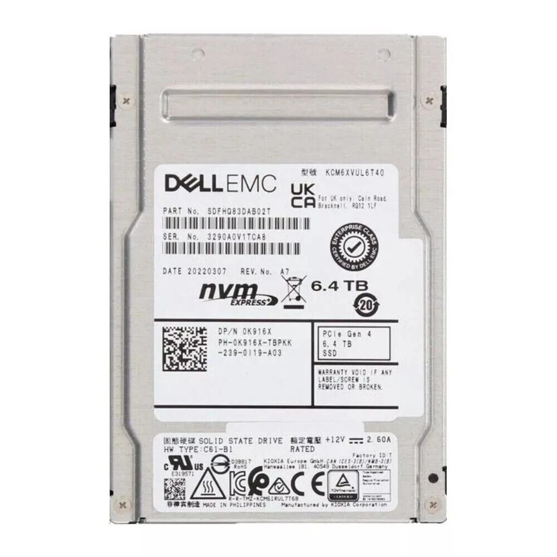 Kioxia CM6 SDFHQ83DAB02T Mixed Use SSD 6.4 TB Pci Express 4.0 (NVMe) DELL OEM Refurbished