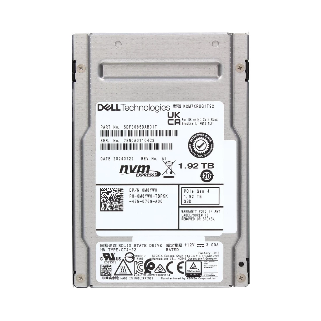 KIOXIA SDF3085DAB01T CM7-R SSD 1.92 TB U.2 PCIe 4.0 x4 (NVMe) DELL OEM Refurbished