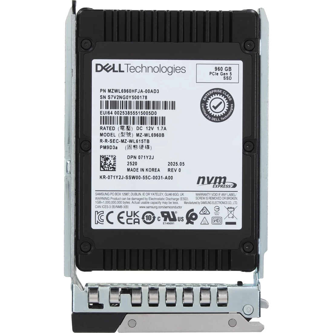 Dell 71Y2J 960GB Data Center NVMe PCIe Gen5 RI TLC 2.5Inch SSD