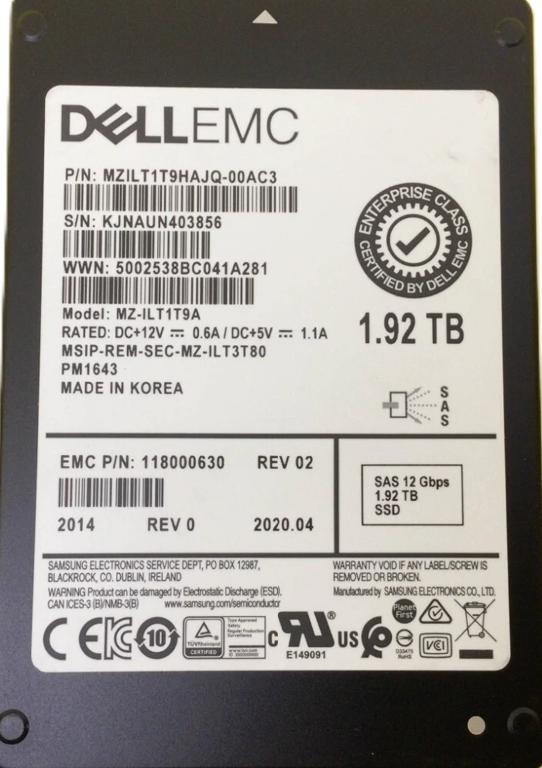 EMC 118000630 1.92TB PM1643 SAS 12Gbs 2.5inch Internal SSD Refurbished