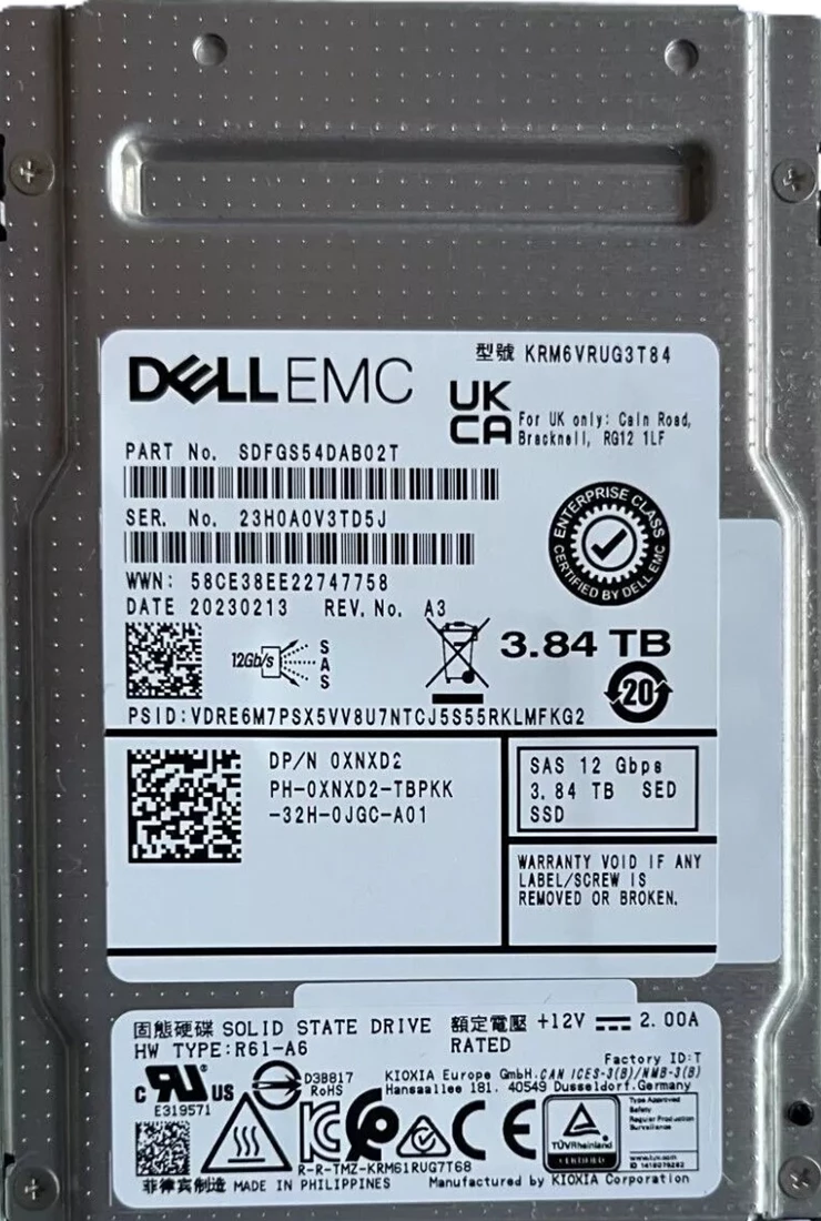 Kioxia KRM6VRUG3T84 SED 3.84TB SAS-12Gbps 2.5inch Read Intensive TLC SSD Brand New Dell OEM
