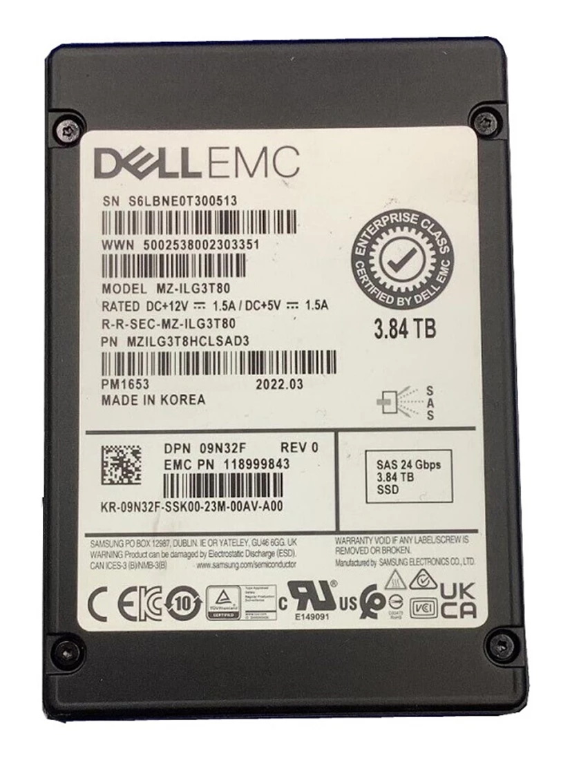 SAMSUNG PM1653 MZILG3T8HCLSAD3 Enterprise 3.84TB SAS 24G Ssd Dell Oem