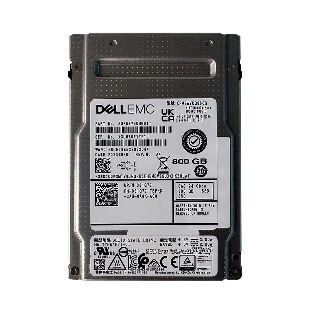 KIOXIA SDFUZ76DNB03T 800GB SED SAS-24Gbps Mixed Use 3DWPD 2.5-Inch Hot Plug SSD Dell OEM