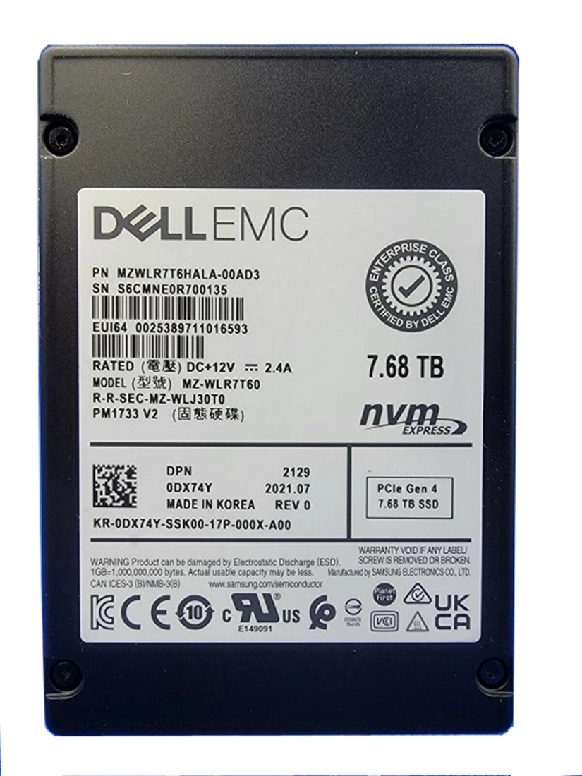 Samsung PM1733 MZ-WLR7T60 SSD 7.68 TB Pci Express 4.0 X4 (NVMe) DELL OEM Refurbished