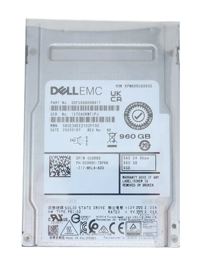 Kioxia KPM6XRUG960G PM6-R 960Gb Read Intensive SAS 24Gbps 512e 2.5in SSD