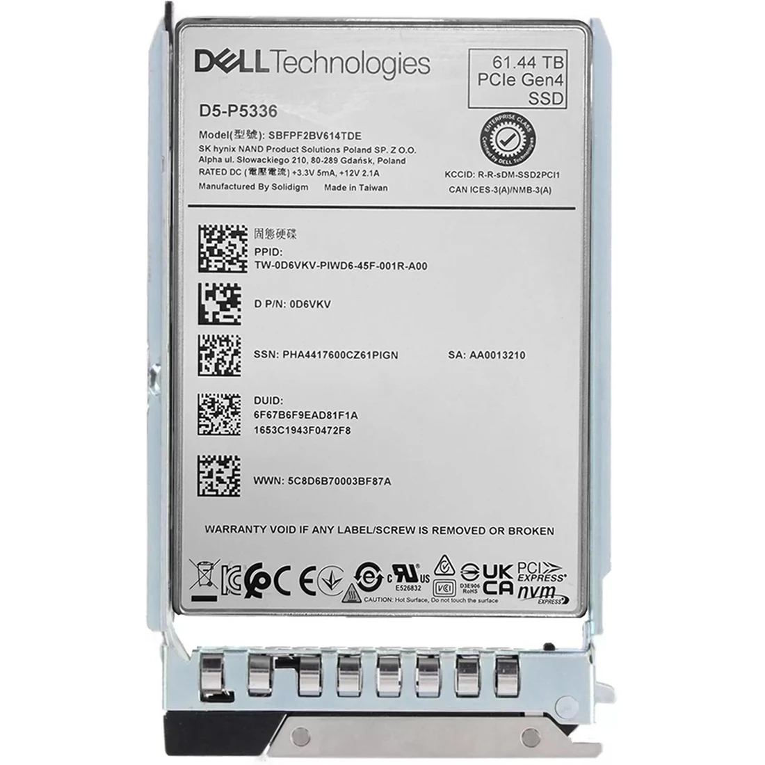 Dell D6VKV 61.44TB QLC PCIe 4.0 x4 NVMe U.2 SFF SSD
