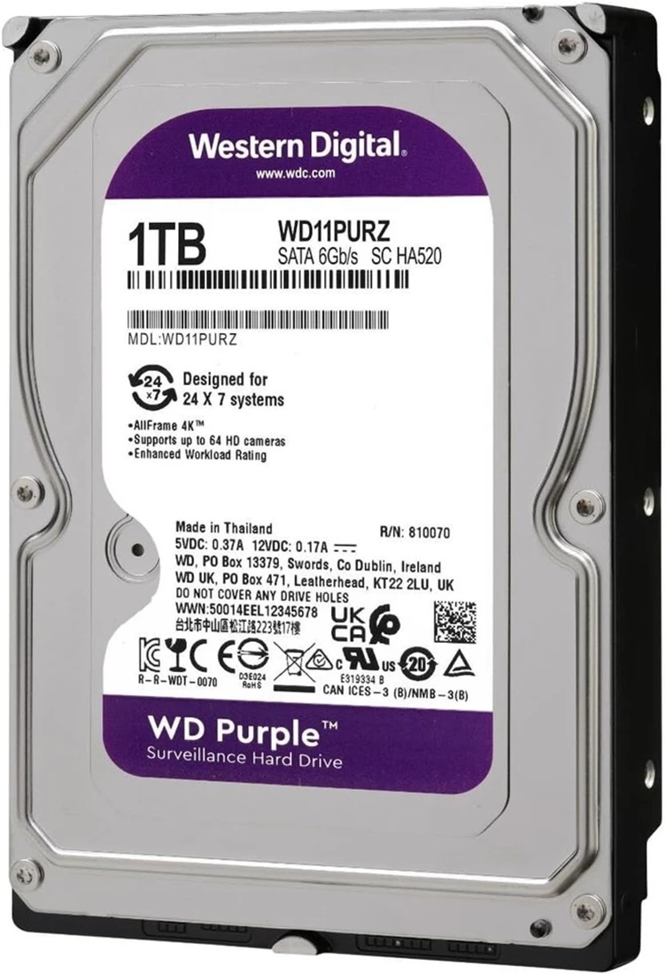 Western Digital WD11PURZ WD Purple 1TB 3.5" SATA 6Gb/s 5400RPM Surveillance Hard Drive