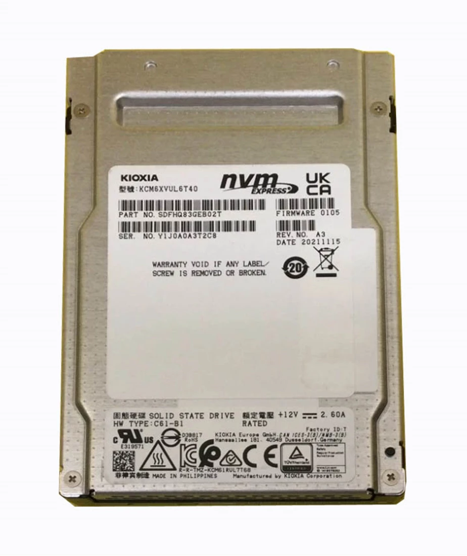 Kioxia KCM6XVUL6T40 CM6 6.4TB PCIe 4.0 NVMe 2.5-inch Mixed Use 3D TLC SIE SSD Refurbished.